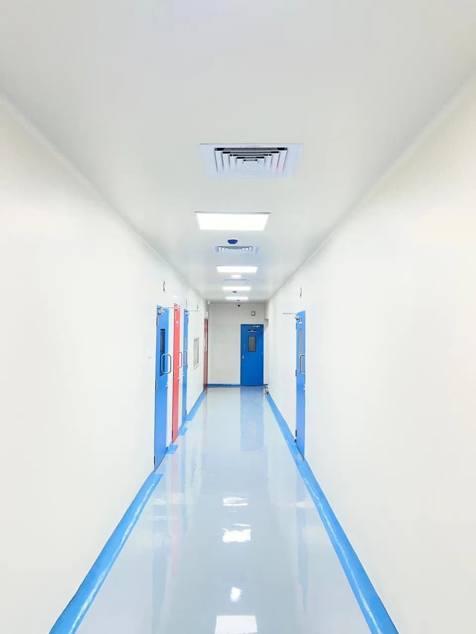 Pharmaceutical corridor with ceiling air handling and sealed doors